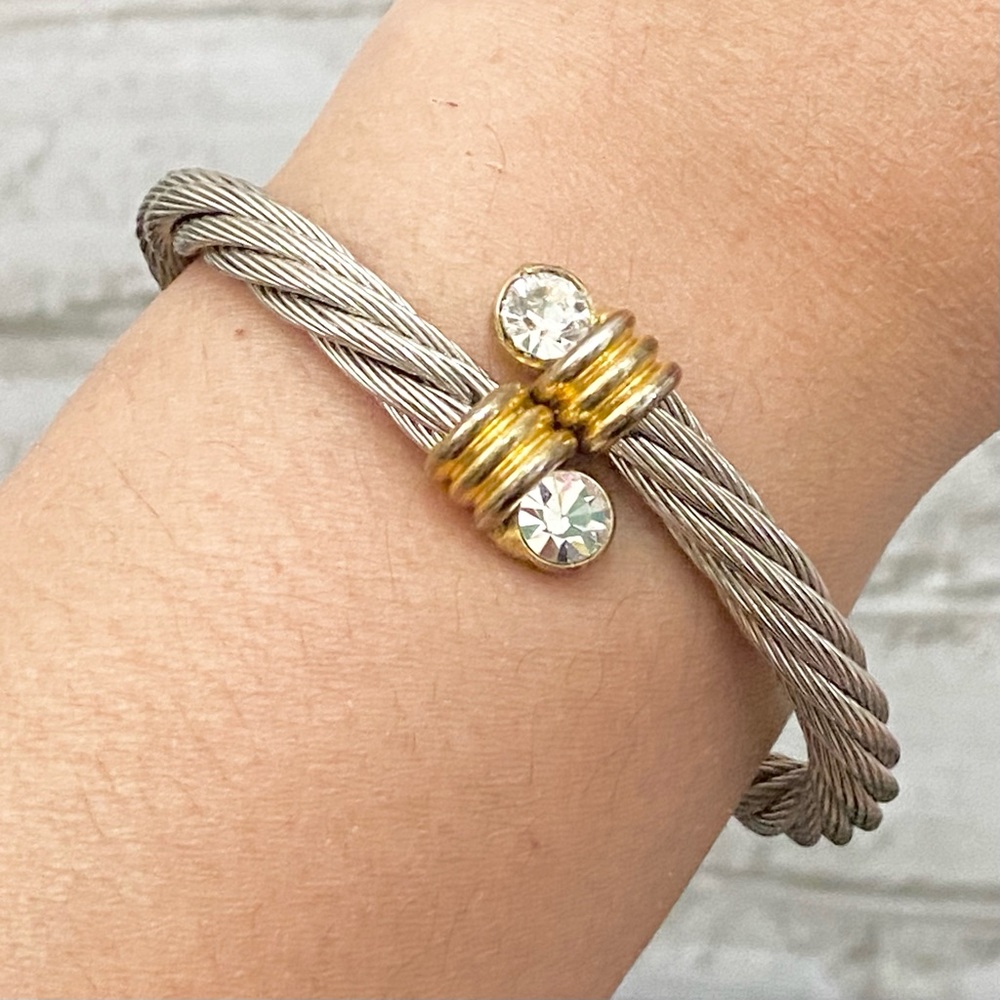 Unsigned Two-Tone Twisted Cable Open Cuff Cz End … - image 3